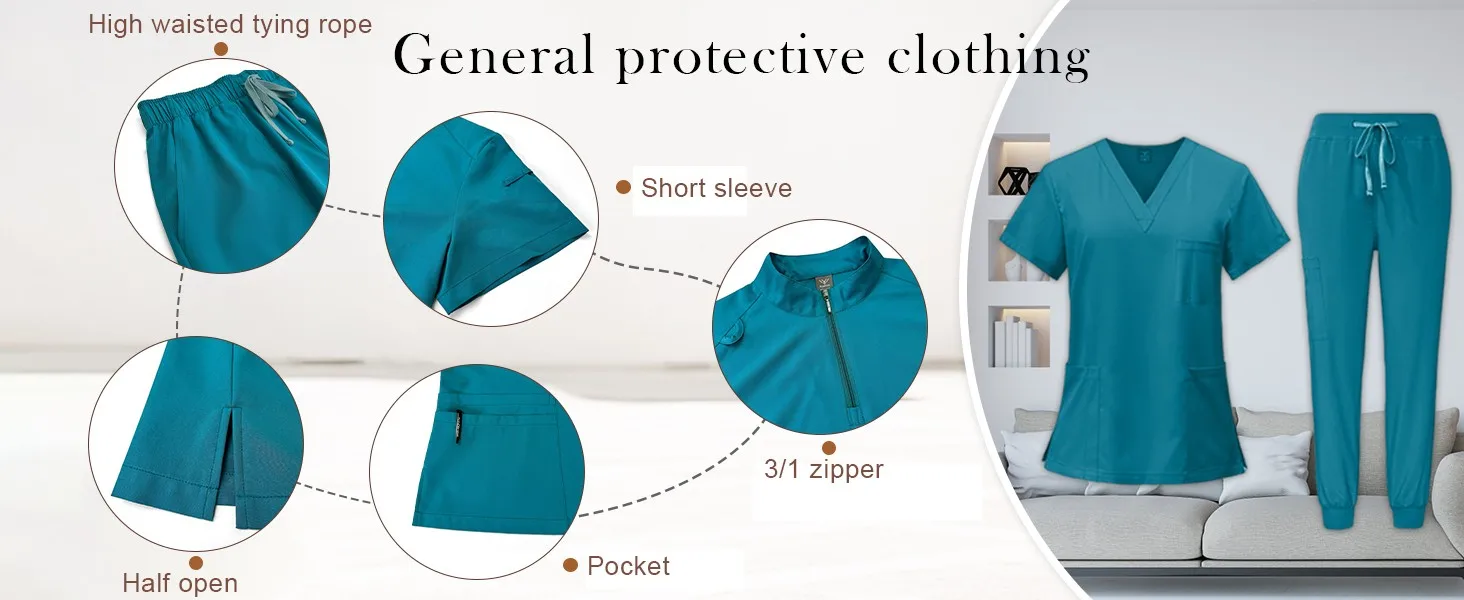여성 간호사 유니폼 빠른 건조 직물 솔리드 컬러 v 넥 포켓 반팔 바지 정장 간호사 유니폼 정장