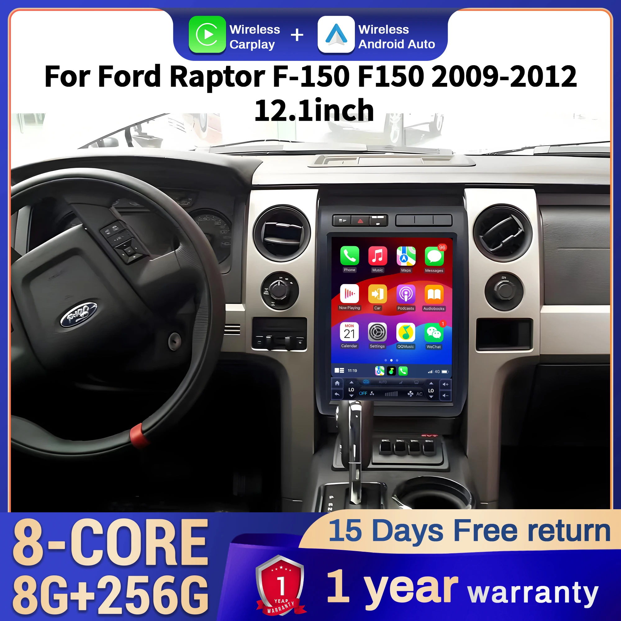 

12.1 inch Car Radio For Ford Raptor F-150 F150 2009-2012 Android 14 4G Head Unit Wireless Bluetooth CarPlay Touch Screen Stereo