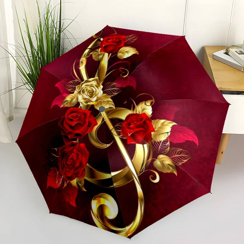 

1 шт., складной зонт с золотыми красными розами, автоматически открывающийся дизайн, 8 железных ребер, пластиковая ручка, складной солнцезащитный козырек, идеальные рождественские подарки