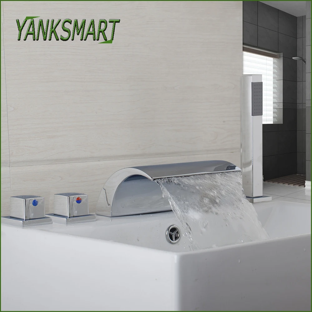 

YANKSMART Chrome 5 Pcs Bathroom Shower Faucet Set Bathtub Shower System 3 Handles with Handheld Deck Mounted Waterfall Mixer Tap