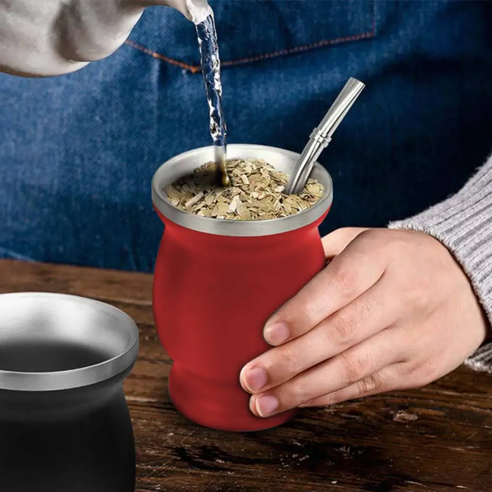 Yerba Mate Tea Cup Set Yerba Mate Cup Set with Double Wall Stainless Steel Gourd Bombilla Teacup Brush – Durable Easy to Clean
