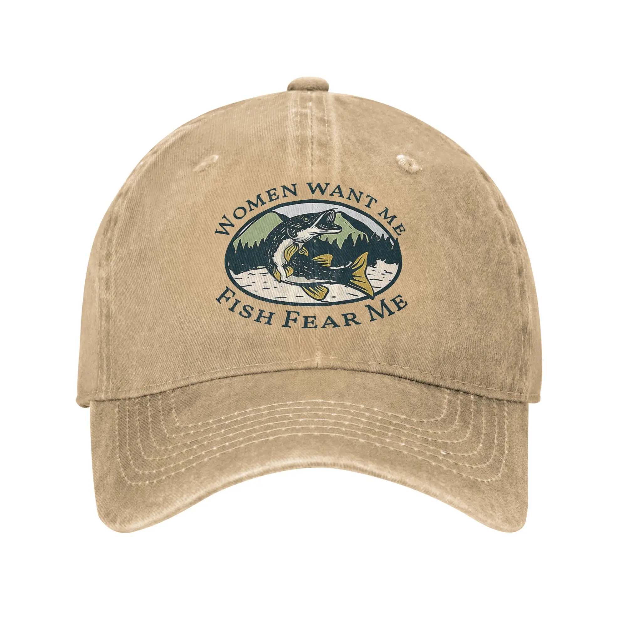 Women Want Me Fish Fear Me Baseball Cap Fashion Distressed Washed Bass Fishing Snapback Cap Unisex Style Outdoor Soft Caps Hat