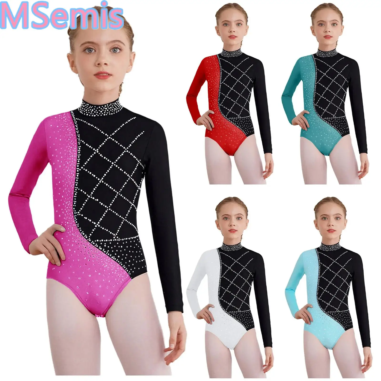 

Kids Girls Color Block Dance Leotard Shiny Rhinestones Gymnastics Mock Neck Long Sleeve Keyhole Back Bodysuit for Figure Skating