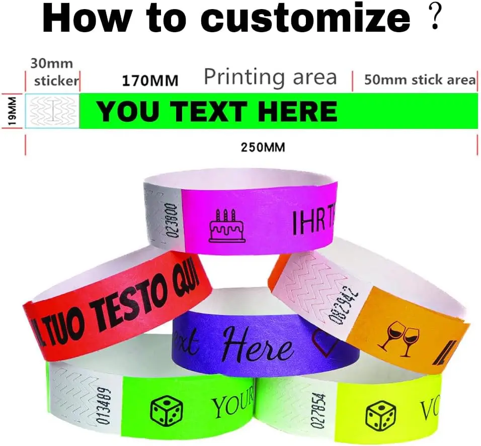 Bracelets Tyvek personnalisés, étanches, jetables, en papier, pour événements, concerts, entrée en club, avec logo, texte et code QR sur mesure