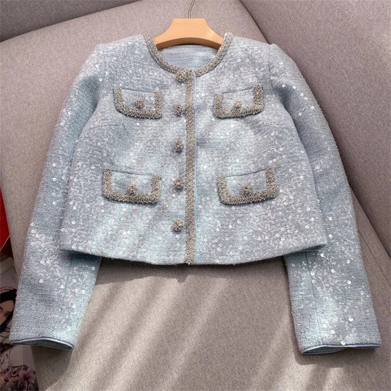 Woman jackets 2024 Summer New in outerwears Fashion Sequin blend Round Neck Long Sleeve Top Shining button decoration Women coat