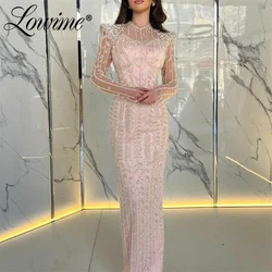 2024 Customize Pink Long Sleeve Beaded Pearls Evening Gown Arabic Mermaid Prom Dress Women Party Second Reception Birthday Dress