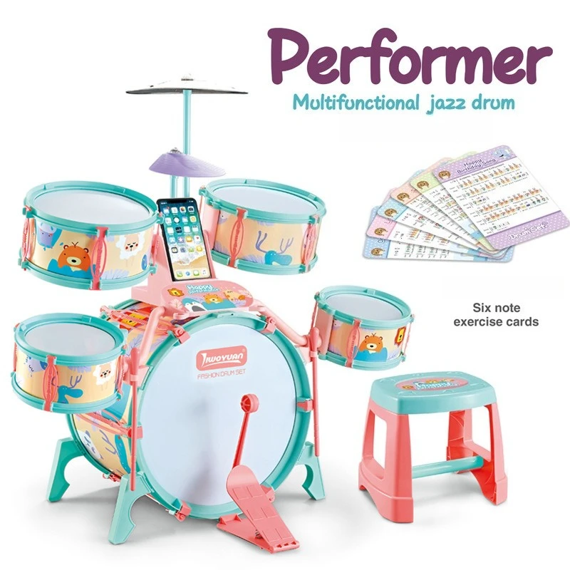 Kids Music Educational Jazz Drum Set Simulation Percussion Musical Instrument Toy with Stool Children Beginners Birthday Gifts