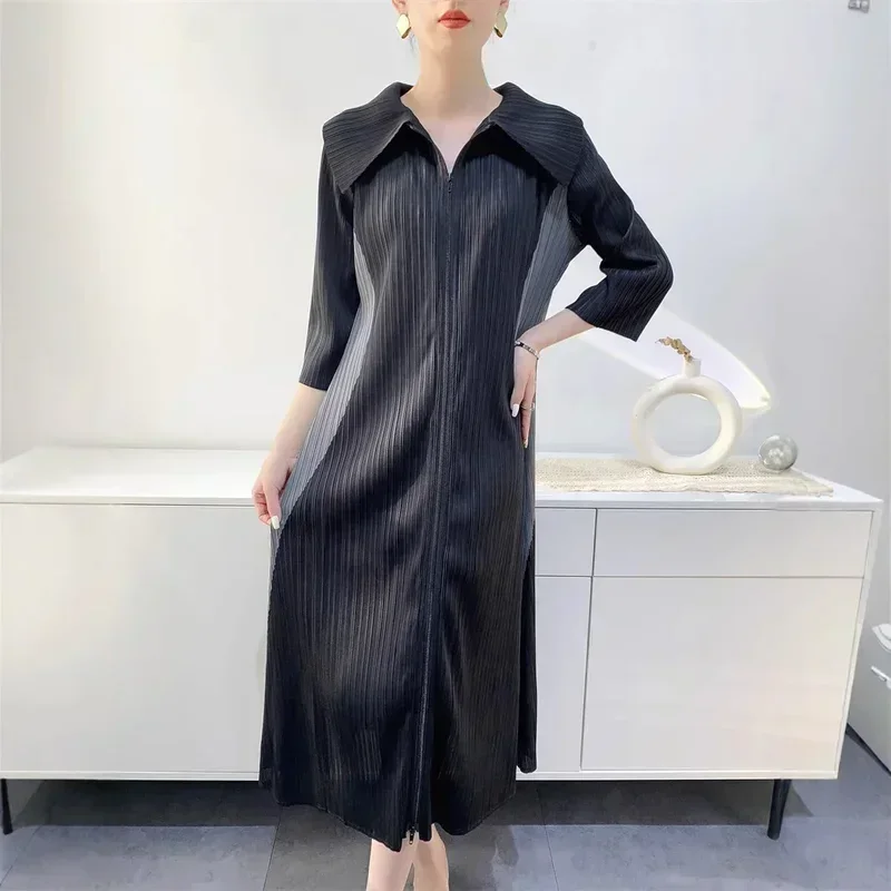 Women's Miyake Pleated Shirt Dresses Medium Long Temperament Colorblocking Waisted Five Points Sleeve Design 2024 Autumn New