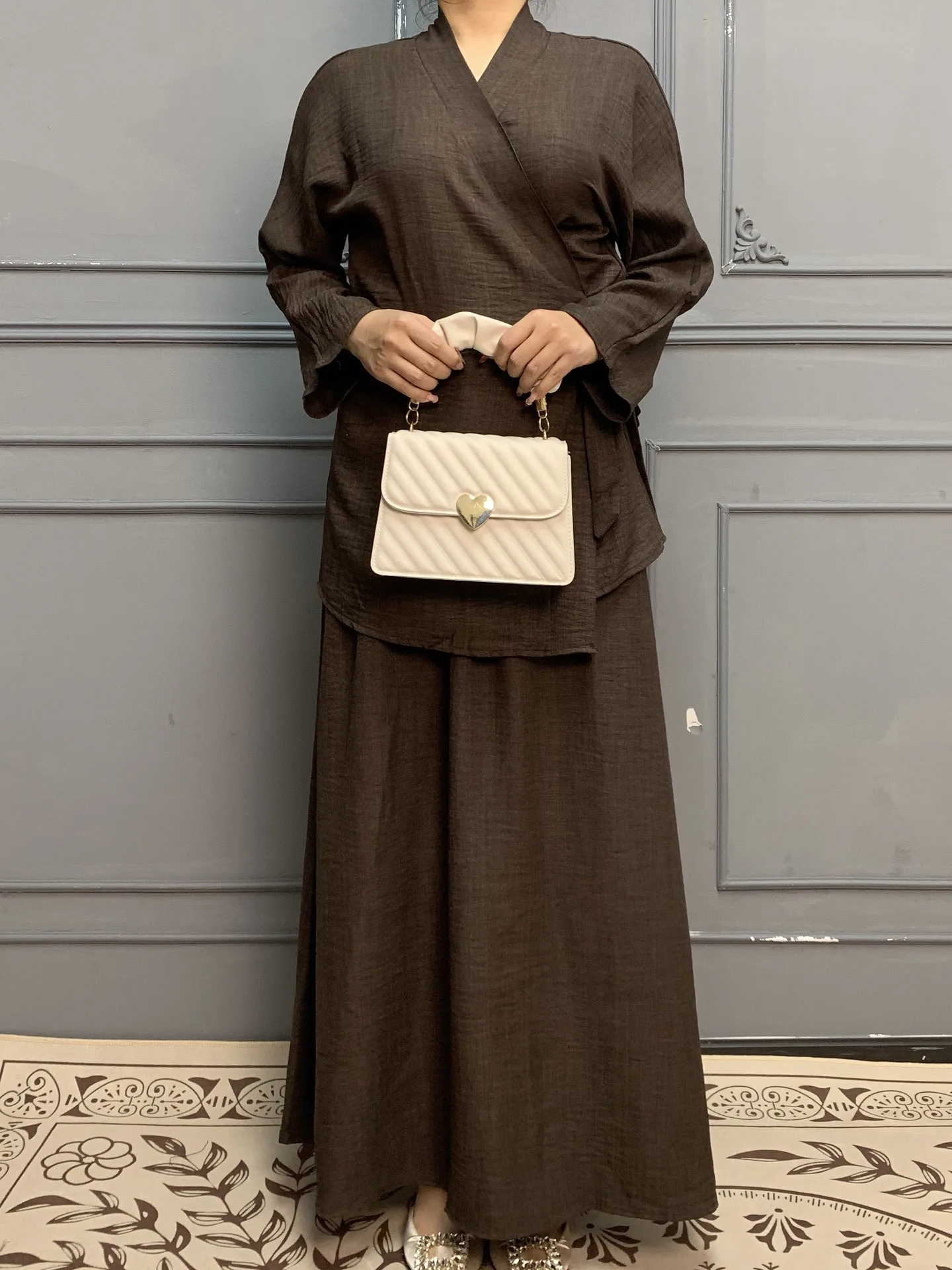 

2 Piece Dubai Muslim Women Bandage Top and Skirt Set Islam Clothing Abaya Kaftan Kimono Turkey Outfits Femme Musulmane Ensembles