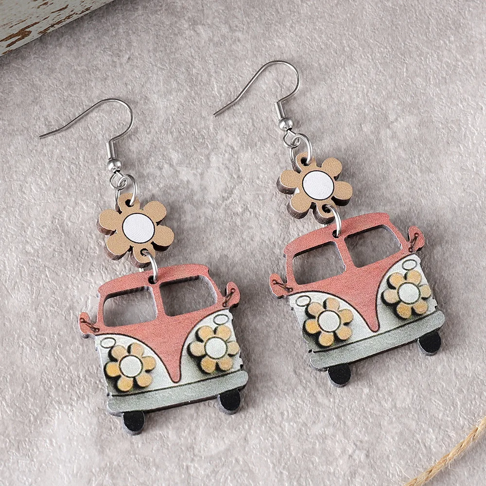 New Back to School Season Opening Season Graduation Season Flower School Bus Earrings Teacher\'s Day Student Wooden Earrings Gift