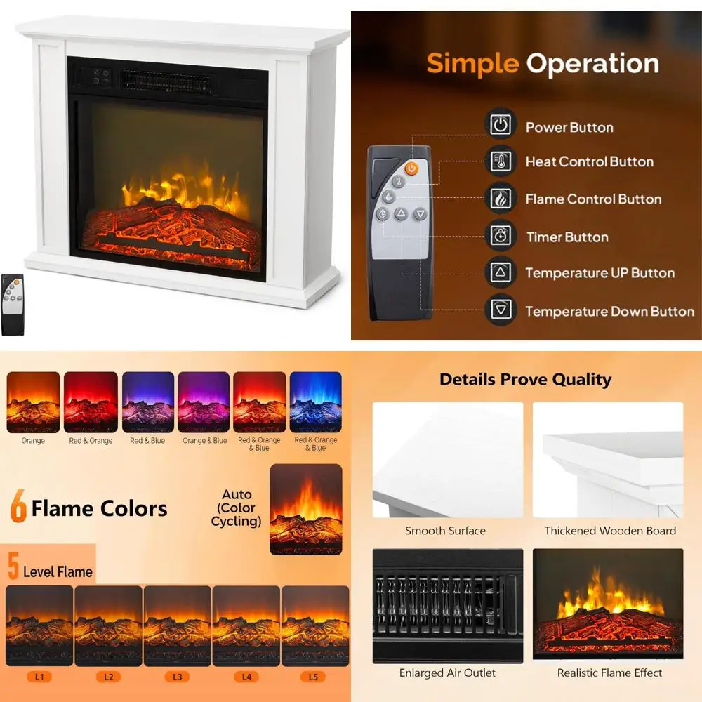 Freestanding Electric Fireplace Heater with Remote and Timer, 27 Inch Wide, 6 Flame Colors and 5 Flame Settings, Realistic Fake
