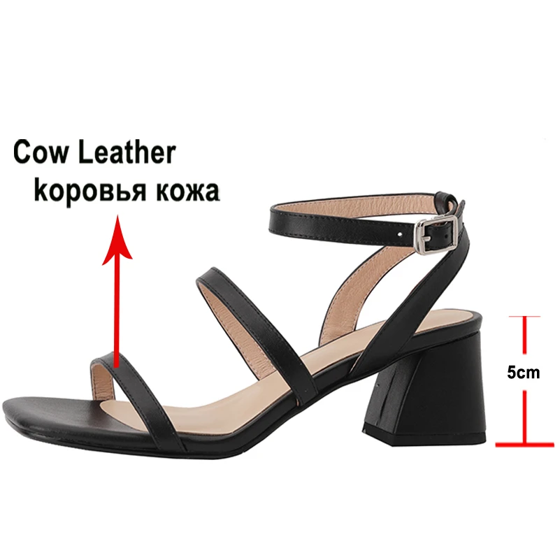 Meotina Shoes Women Genuine Leather Ankle Strap Sandals Thick Heel Sandals High Heels Buckle Ladies Footwear Summer Apricot 40