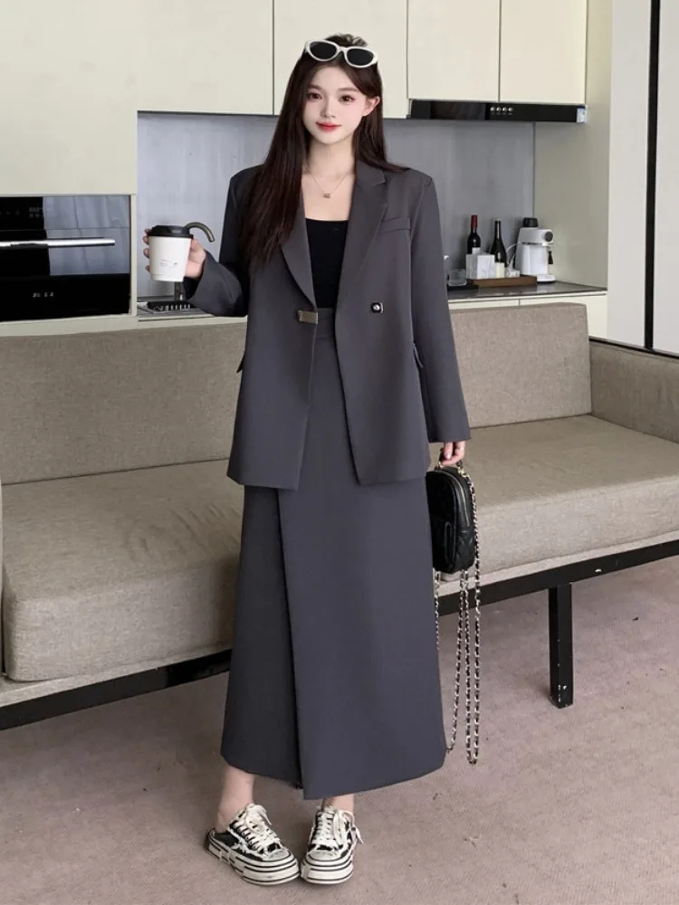 

Женский повседневный костюм больших размеров: пиджак с длинным рукавом и юбка с разрезом, модный комплект из двух предметов для офиса, дышащий, средней плотности