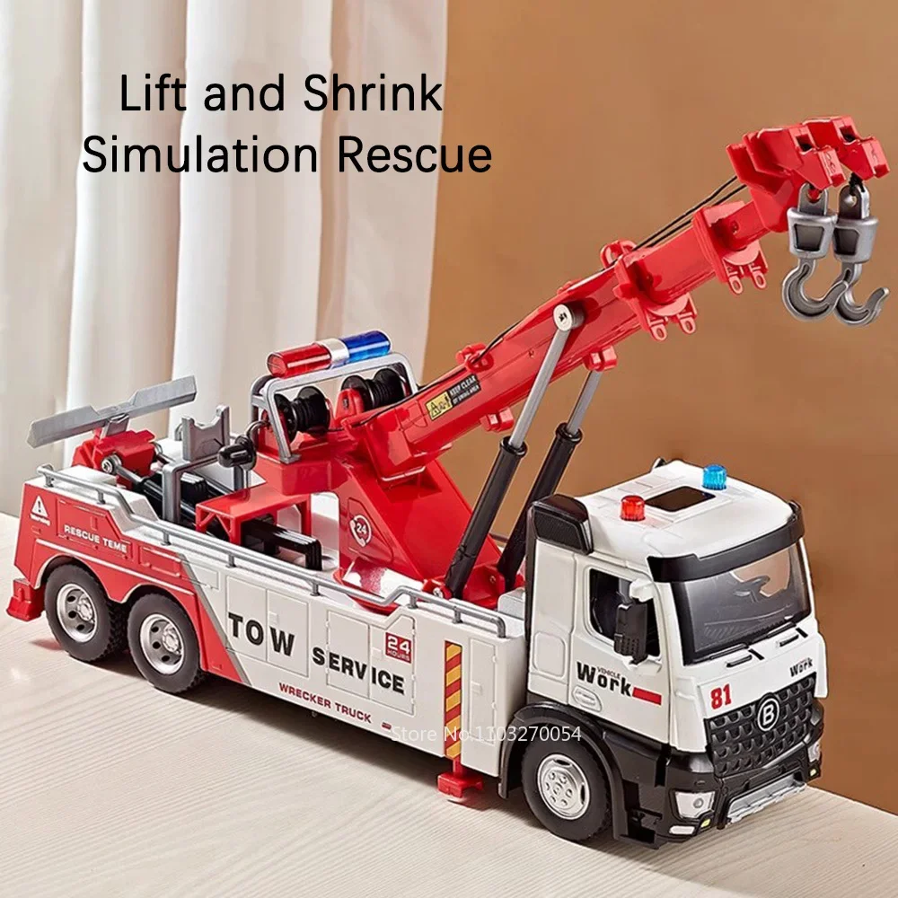 1:18 Double Hook Truck Alloy Rescue Car Toys Model Diecast Metal Vehice Door Opened Sound Light Lift Shrink Wrecker Toy Boy Gift