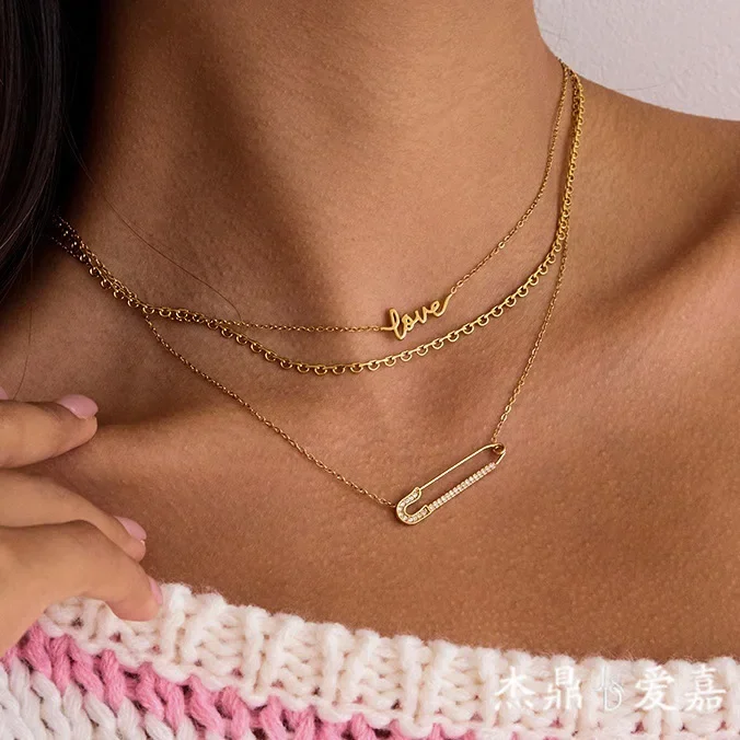 New Fashion Pin Layered Necklace,Waterproof Non-Fading Stainless Steel,Dainty Cursive Love Script Choker Jewelry