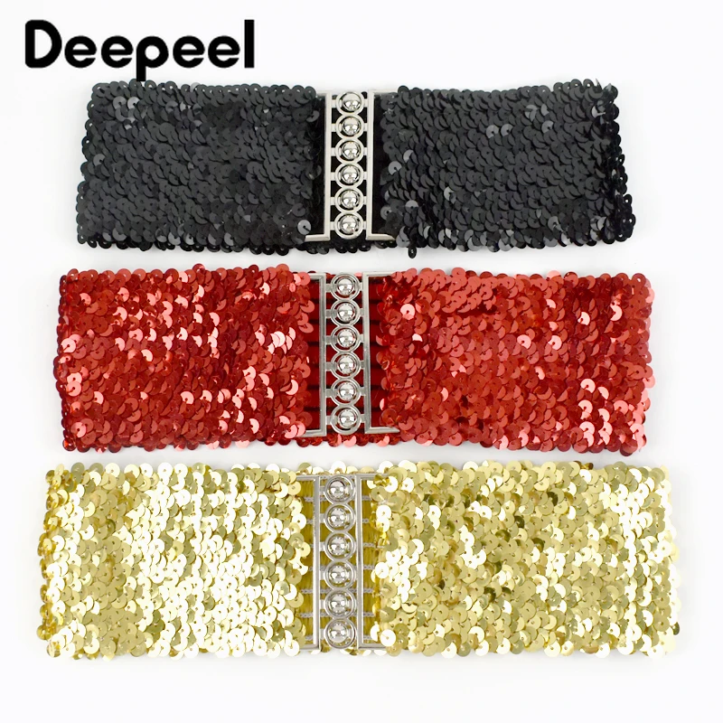 Deepeel 7cm Fashion Shiny Women Corset Elastic Waist Belts Wide Cummerbunds Sequins Waistband for Decoration Dress Accessories