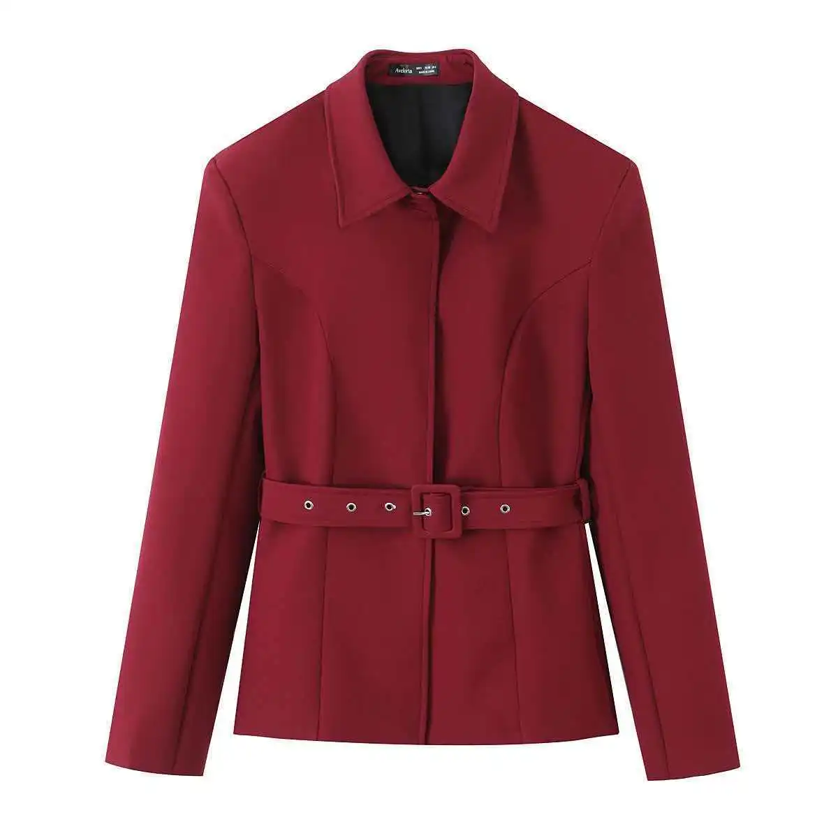 

KIDCRKJ Belted Versatile Women Coat Red Lapel Collar Full Sleeve Waist-cinching Lady Jacket Slim Fit Snap Button Female Coat