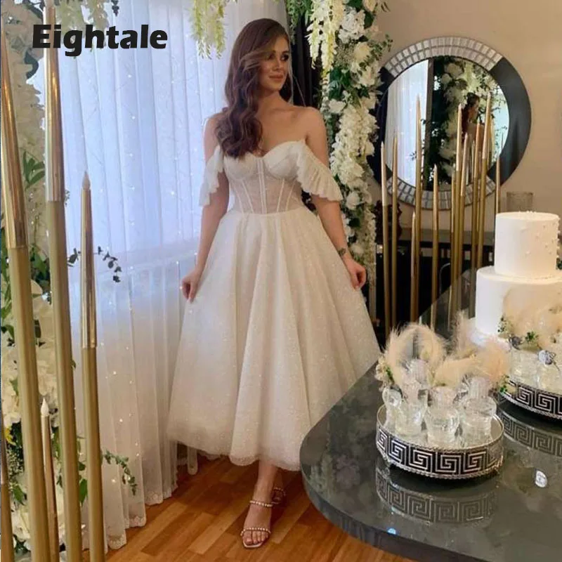

Eightale Short Wedding Dress Glitter Spaghetti Strap Off the Shoulder Tea Length Wedding Gown Girl Party Dress 2022