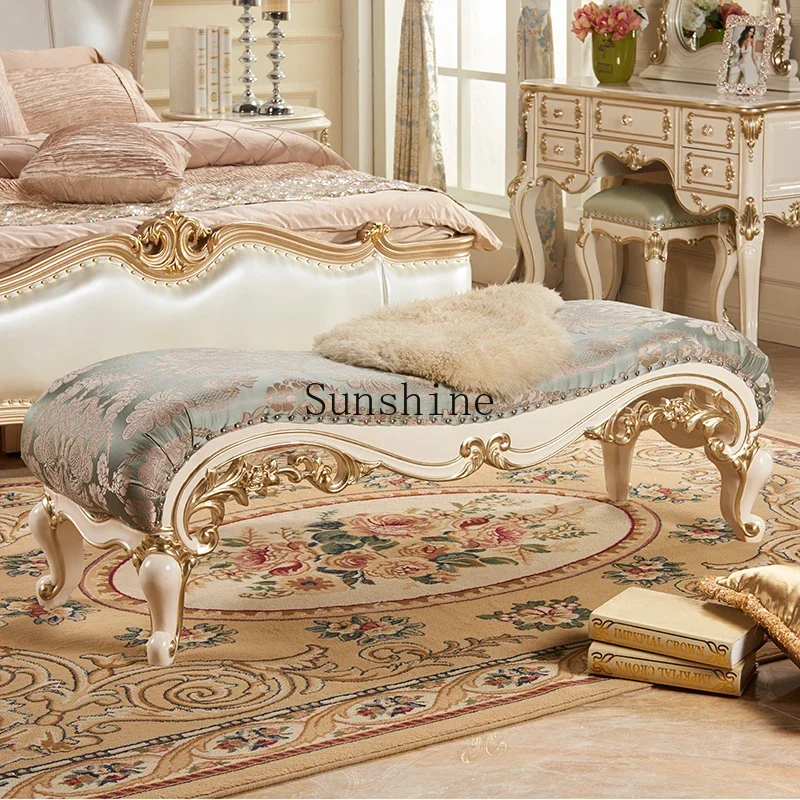 European style bedside stool solid wood luxury carved flannel bench  FT
