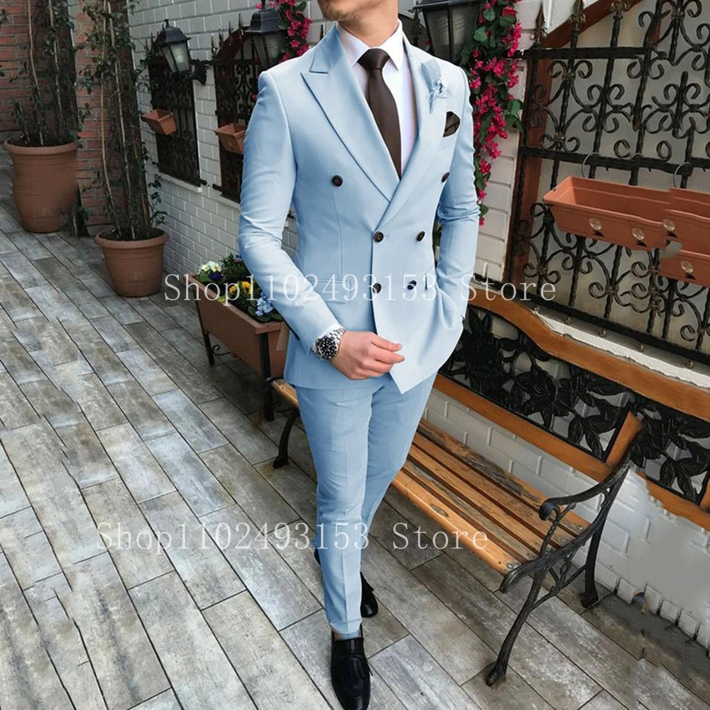 Bespoke Elegant Suits For Men 2 Pieces Beige Peak Lapel Double Breasted Slim Fit Classic Formal Wedding Dress Trajes De Hombre