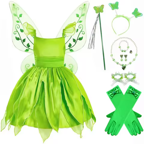 Disney Dress for Girls Princess Fairy Costume Kids Cosplay Green Flower Fairy Elf Wings Tinker Dress Bell Carnival Party Outfits