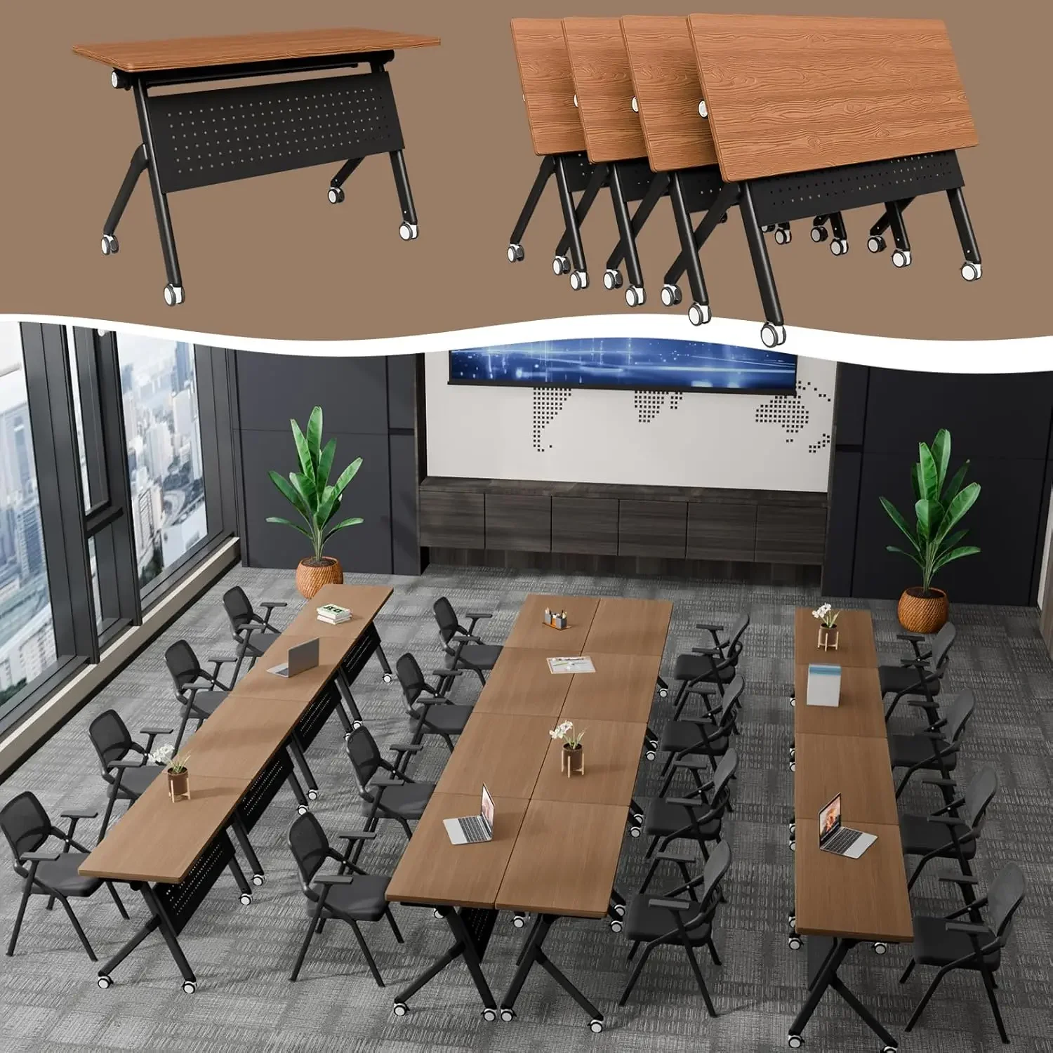 

Folding Mobile Conference Table Flip Top Training Meeting Desk Office Room 55"x19"x29" Brown, Custom