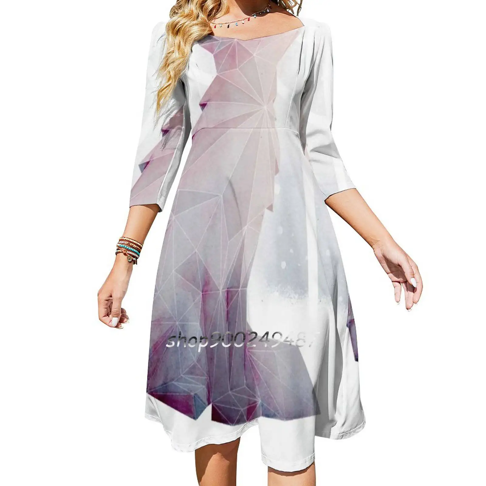 Fox In The Snow Women Spring Autumn Long Sleeve Dress Female Casual Dress Fox Snow Geometric Geometry Triangles Watercolor