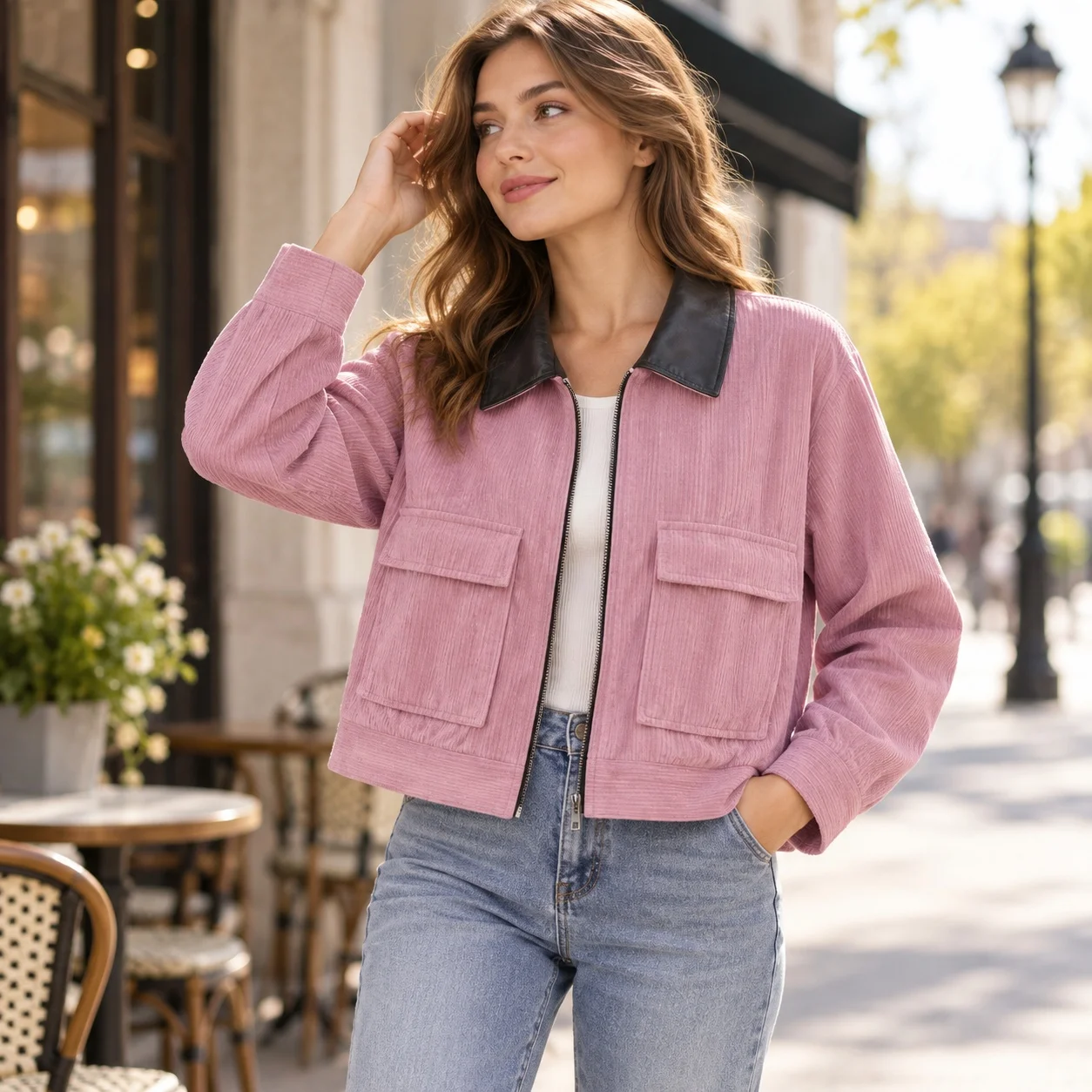 Patchwork Casual Jacket with Literary Retro Zipper Closure Long Sleeve Polo Collar Pocket No Pattern Regular Length Women Jacket