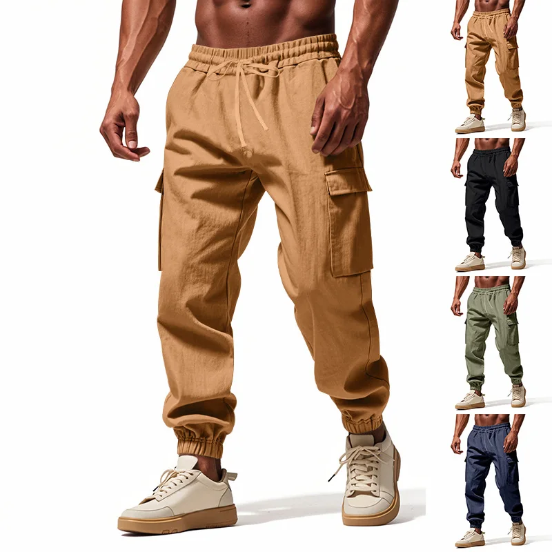 

American Style Linen Men's Casual Pants Spring Summer Wide-Leg Outdoor Sports Cargo Jogger Pants for Men