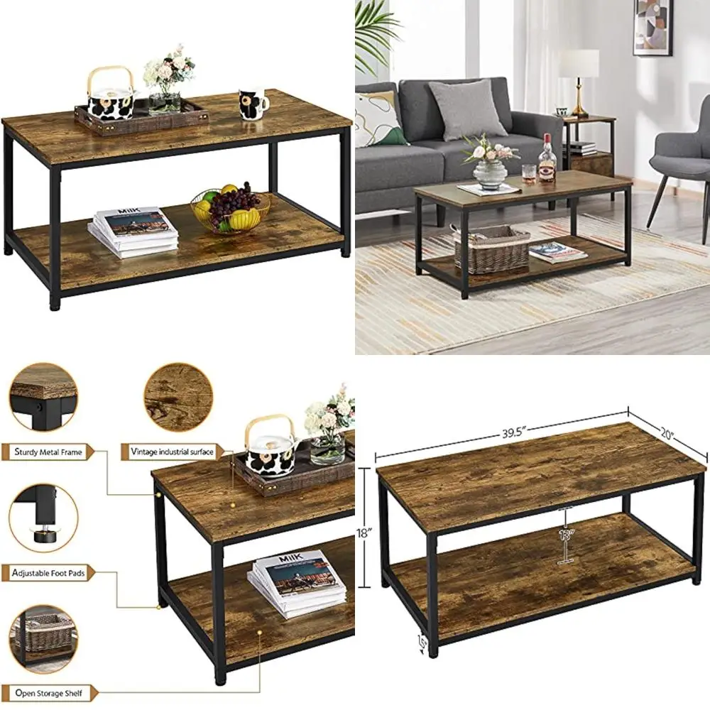 

Industrial Style Living Room Coffee Table with Storage and Metal Frame, Vintage 2-Tier Wood Accent Table