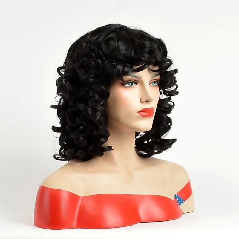 Peruca preta curta encaracolada de 12 polegadas, resistente ao calor e respirável, estilo retrô para passeios diários e temáticos