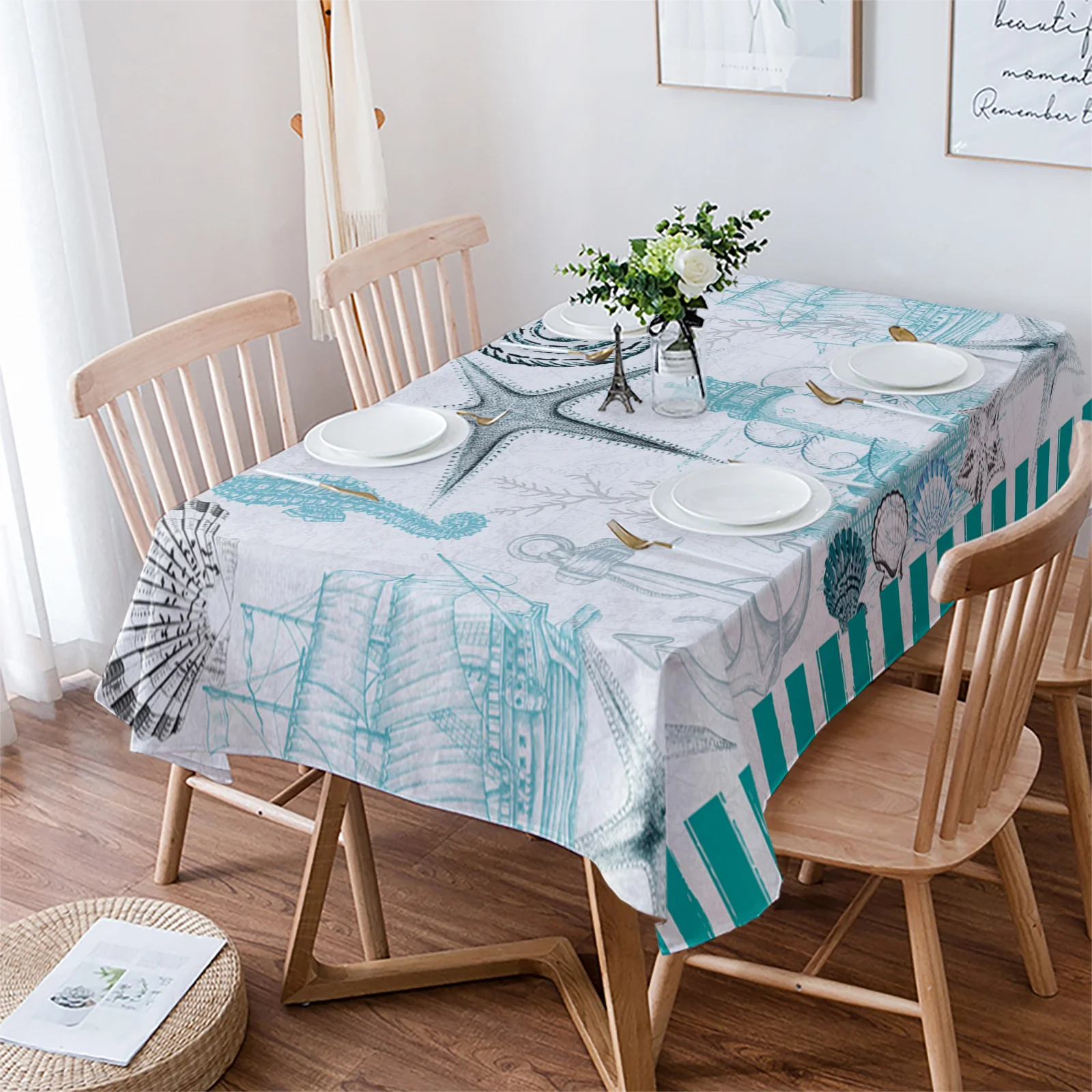 Marine Texture Shells Starfish Lighthouse Table Cloth Waterproof Oilproof Dining Table Cover Kitchen Home Decor Tablecloth