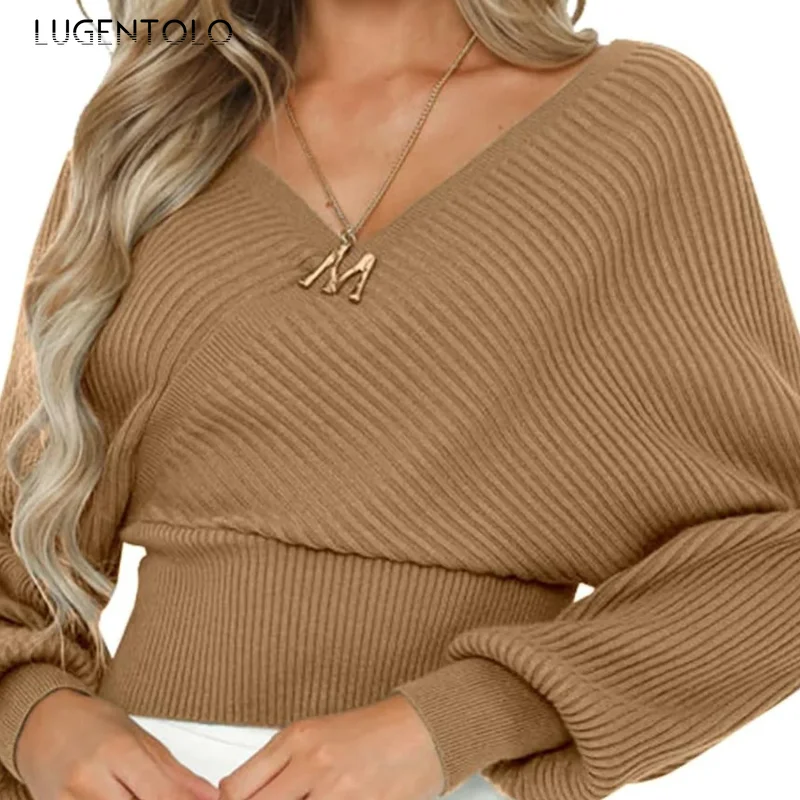 Women Fashion Sweater Solid Color Wrap V-Neck Lantern Sleeve Backless Pullovers Sexy Off-the-Shoulder Elegant Street Party Tops