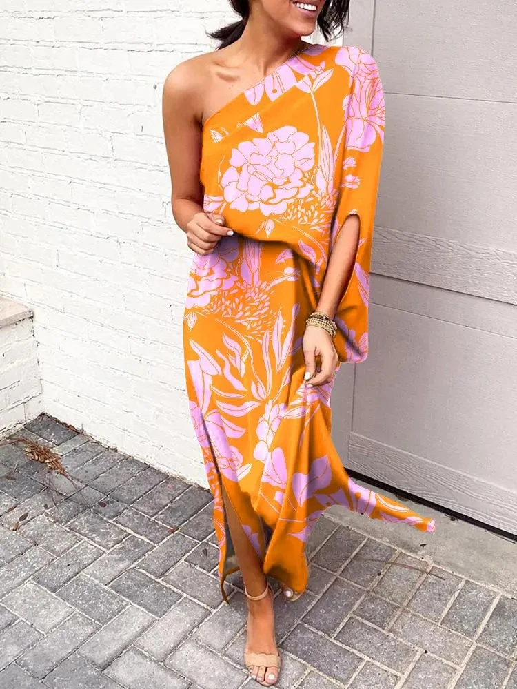 Sexy Fashionable One Shoulder Dress Women's Sleeveless Long Skirt Street Style round Neck Print A-Line Polyester Summer Dress