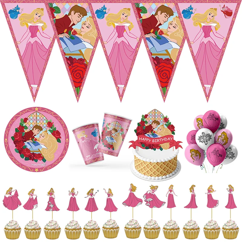 Vaisselle princesse la belle au bois dormant, décorations de fête d'anniversaire, assiette en papier, serviette, ballon de fond, fournitures de fête prénatale