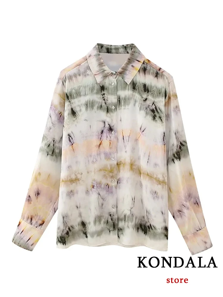 KONDALA Vintage Tie Dye Print Suits Women Long Sleeve Loose Shirts+High Waist Flare Pants Fashion 2023 Summer Boho Sets