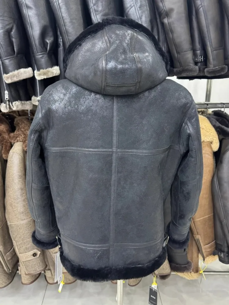 Natural Shearling Overcoat Mens Winter Thick Warm Motorcycle Jacket Vintage Genuine Leather Real Wool Lining Jacket Hooded Coat
