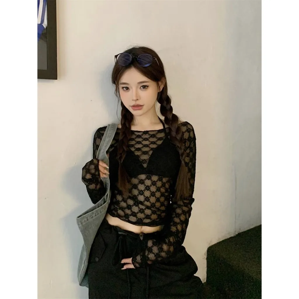 Sdutents in stile coreano T-shirt a maniche lunghe in rete ricamata floreale alla moda da donna Stratificazione sexy Protezione solare Copertura superiore sottile