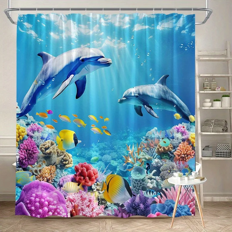 Dolphins Coral Reef Shower Curtain Gray Dolphins Colorful Fish Sunny Ocean Polyester Washable with 12 Hooks for Bathroom Decor