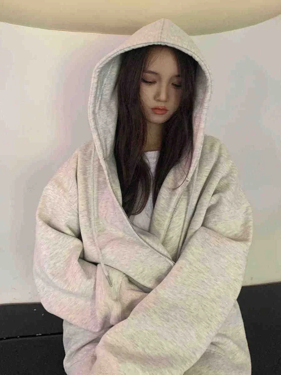 Sweat à capuche doublé grande taille ey Fce pour femme, vêtement d'extérieur décontracté, haut américain rétro paresseux, automne hiver