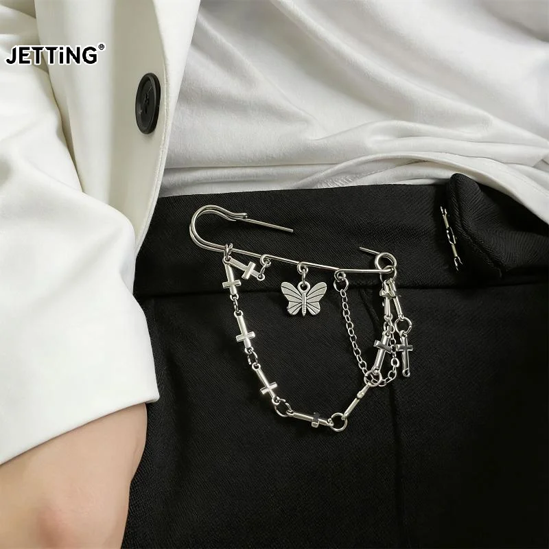 Creative Butterfly Cross Double Chain Brooch For Women Men Suit Decoration Tassel Chain Pin Clothing Accessories
