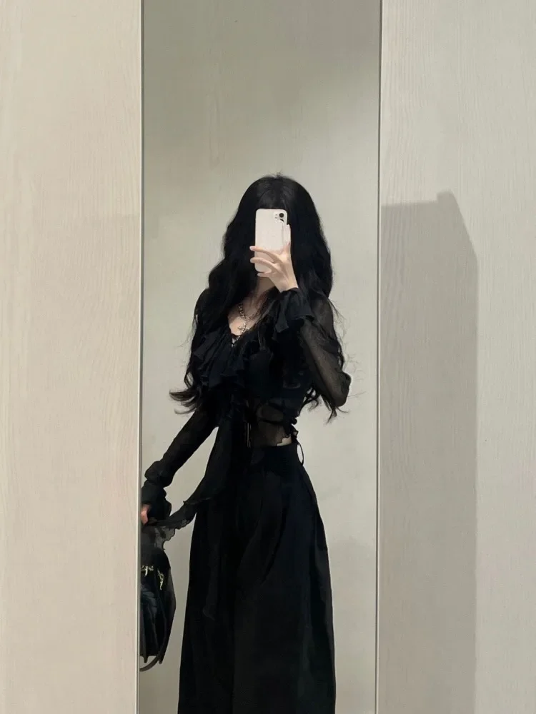 Fashion V-neck Ruffles Black Long Sleeve Cardigan Mujer+ Y2k High Waist Loose Wide Leg Pants 2024 Summer New Two Piece Sets