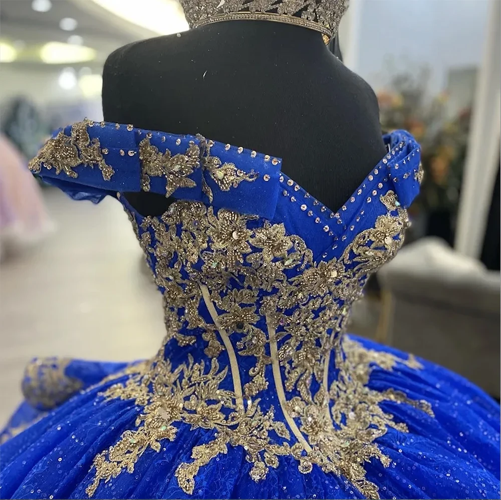 ANGELSBRIDEP Glitzernde königsblaue Quinceanera-Kleider, goldene Spitze, Kristall, Vestidos de 15 Jahre, Geburtstagsfeier, Abschlussball, individuell