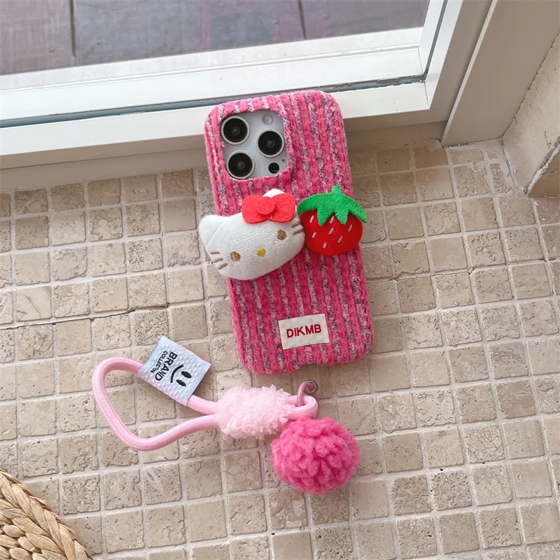 ثلاثية الأبعاد لطيف الكرتون سانريو مرحبا كيتي فروي أفخم لينة قضية الهاتف آيفون 16 15 14 17 برو ماكس الشتاء الدافئة غطاء مع الحبل #2