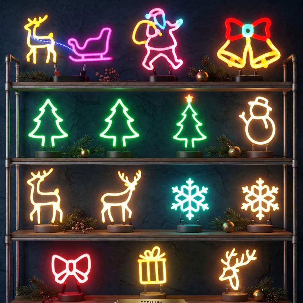 Christmas Decoration LED Neon Sign Light Deer Head LED Lamp Christmas Hat Elk Tree Snowflake Decor Room Wall Shop Window Hang view 3