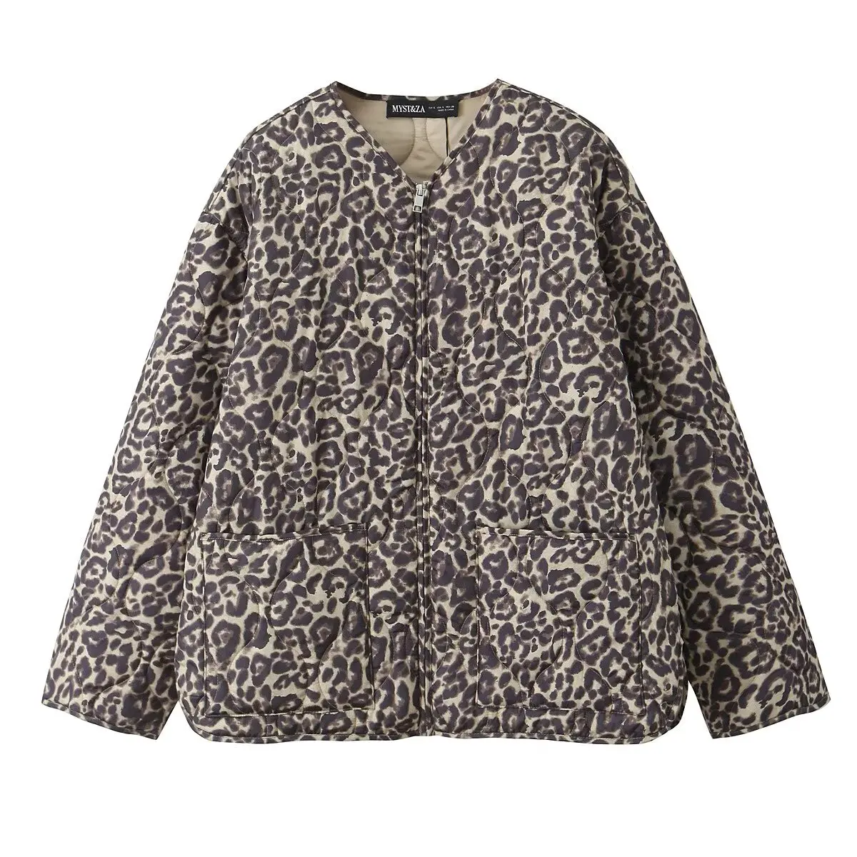 European and American style autumn and winter new round neck zipper leopard print cotton coat women\'s fashionable and versatile