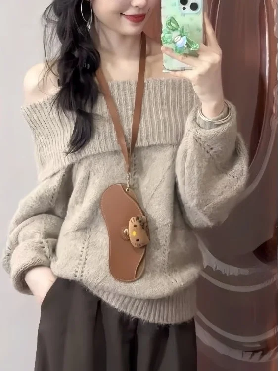 

Casual Knitted Sweater Women Early Autumn 2026 New Korean Sle Mature Casual Lazy oulder Exposure High-End Feeling One-o...