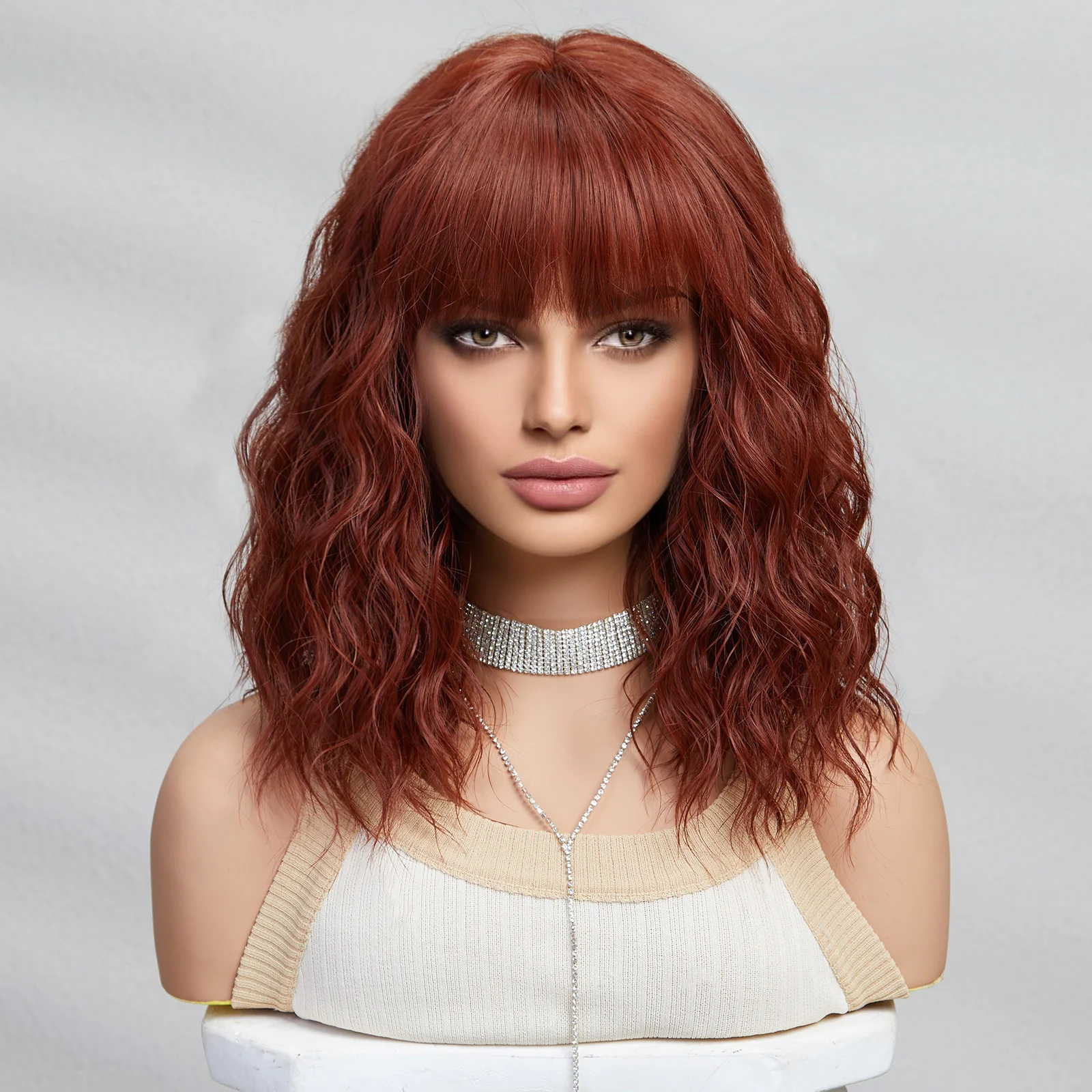 ESIN Synthetic Orange Color Wavy Bob Wigs Medium Long Loose Body Wave Wig with Bangs Cosplay Daily Natural Wigs for Women