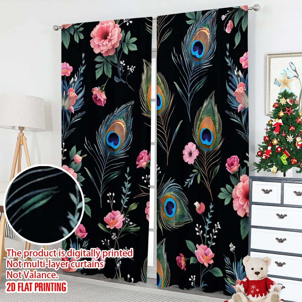 2 قطعة 2D الطباعة المسطحة نافذة العلاج الستائر ريش الطاووس الأزهار التطريز الرقمية المطبوعة البوليستر الستائر كل موسم #5