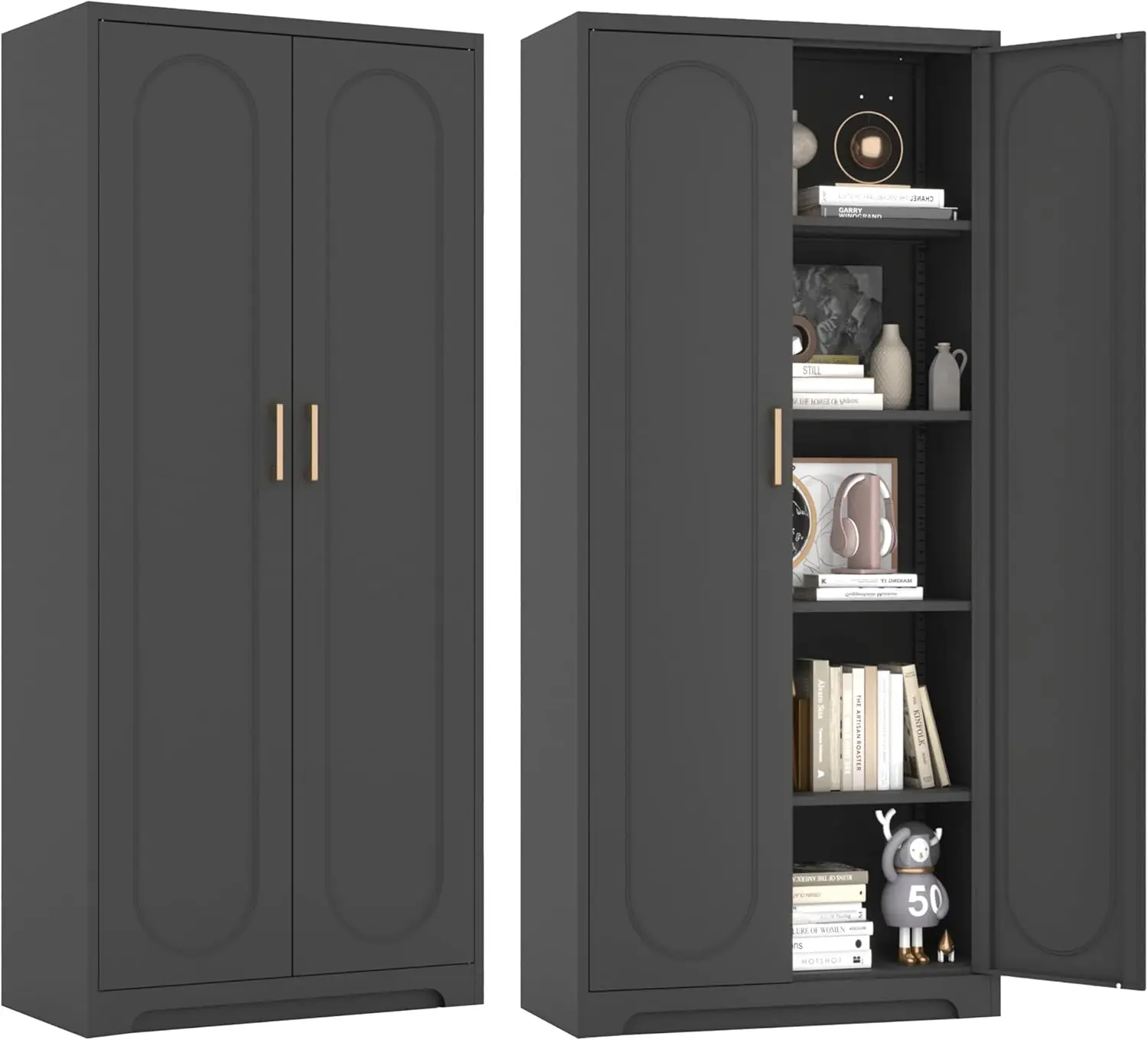 Black Metal Storage Cabinet with Doors and 4 Adjustable Shelves, 71